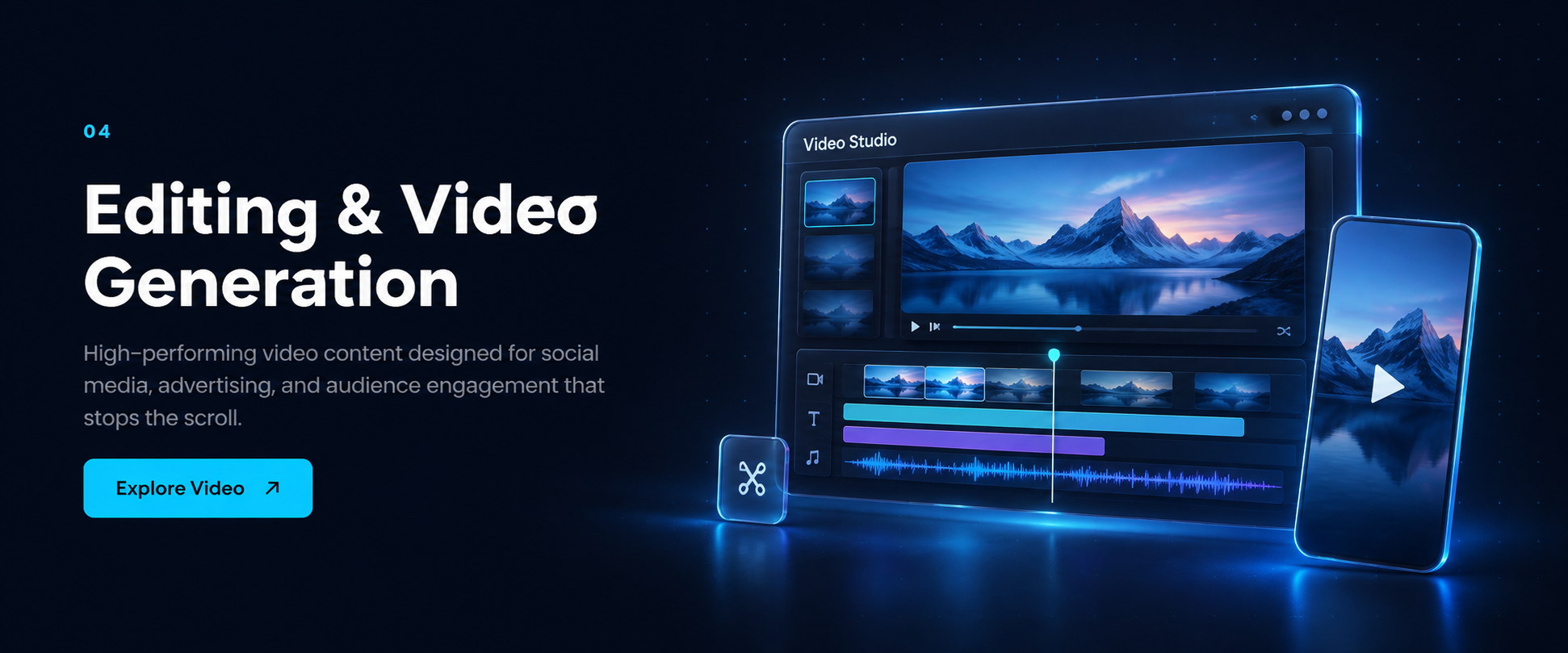 Video editing workspace with a cinematic preview, editing timeline and vertical video.