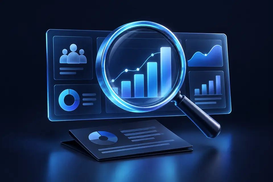 Magnifying glass examining an audience and website analytics dashboard.