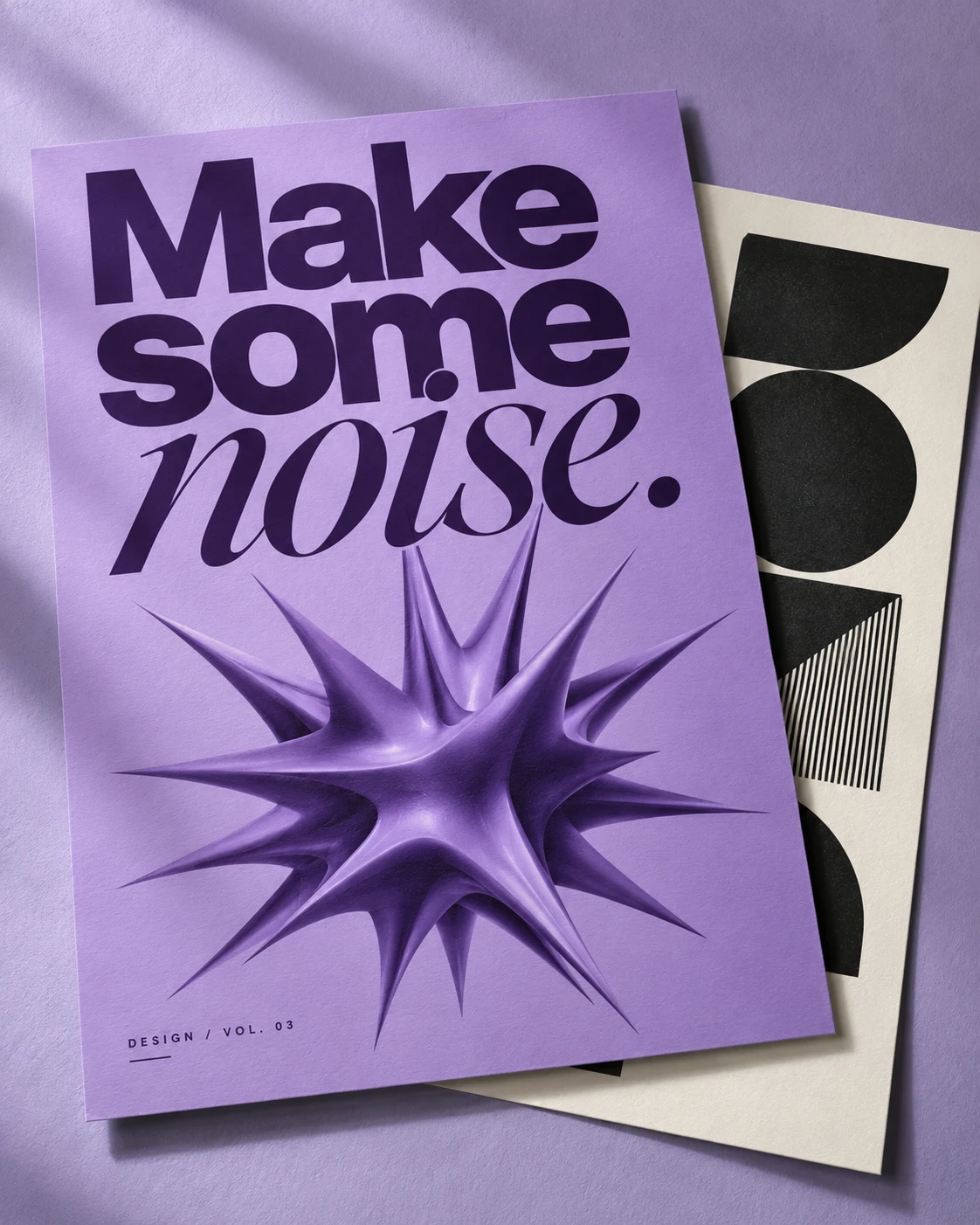 Lavender editorial poster with Make some noise typography and a purple sculptural starburst, layered over a cream print.
