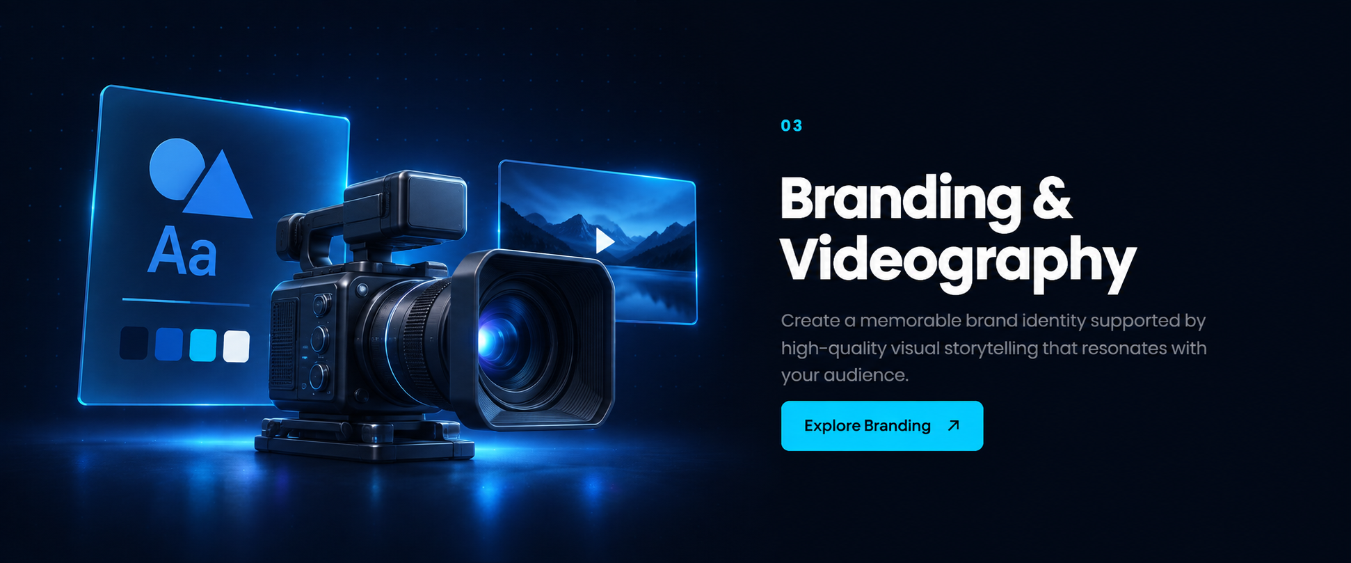 Cinema camera with a brand identity board, typography sample and video preview.