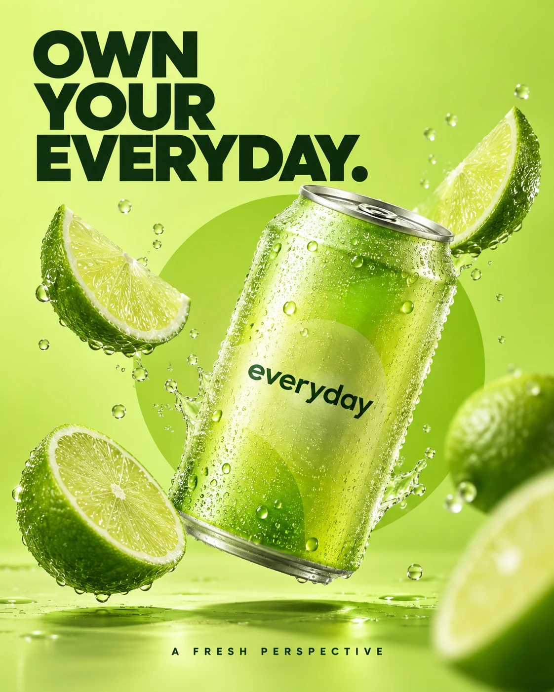 Lime-green Everyday beverage campaign featuring a chilled can, fresh lime slices and bold Own Your Everyday typography.