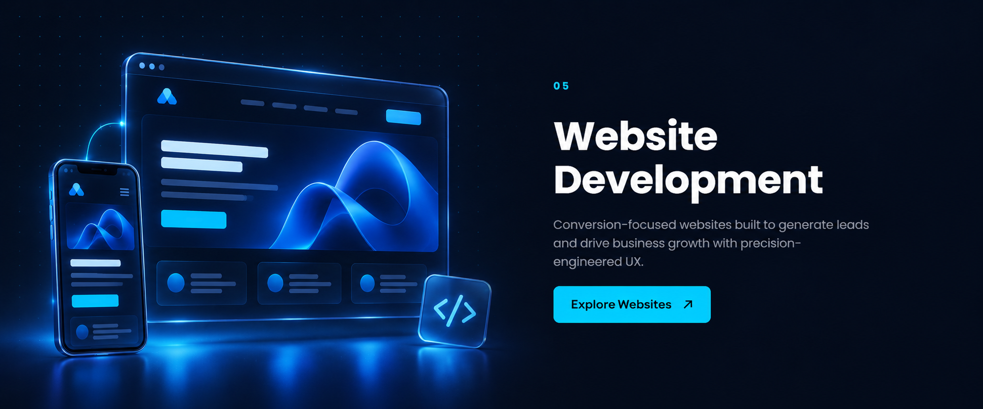 Responsive website displayed in desktop and mobile layouts beside a code symbol.