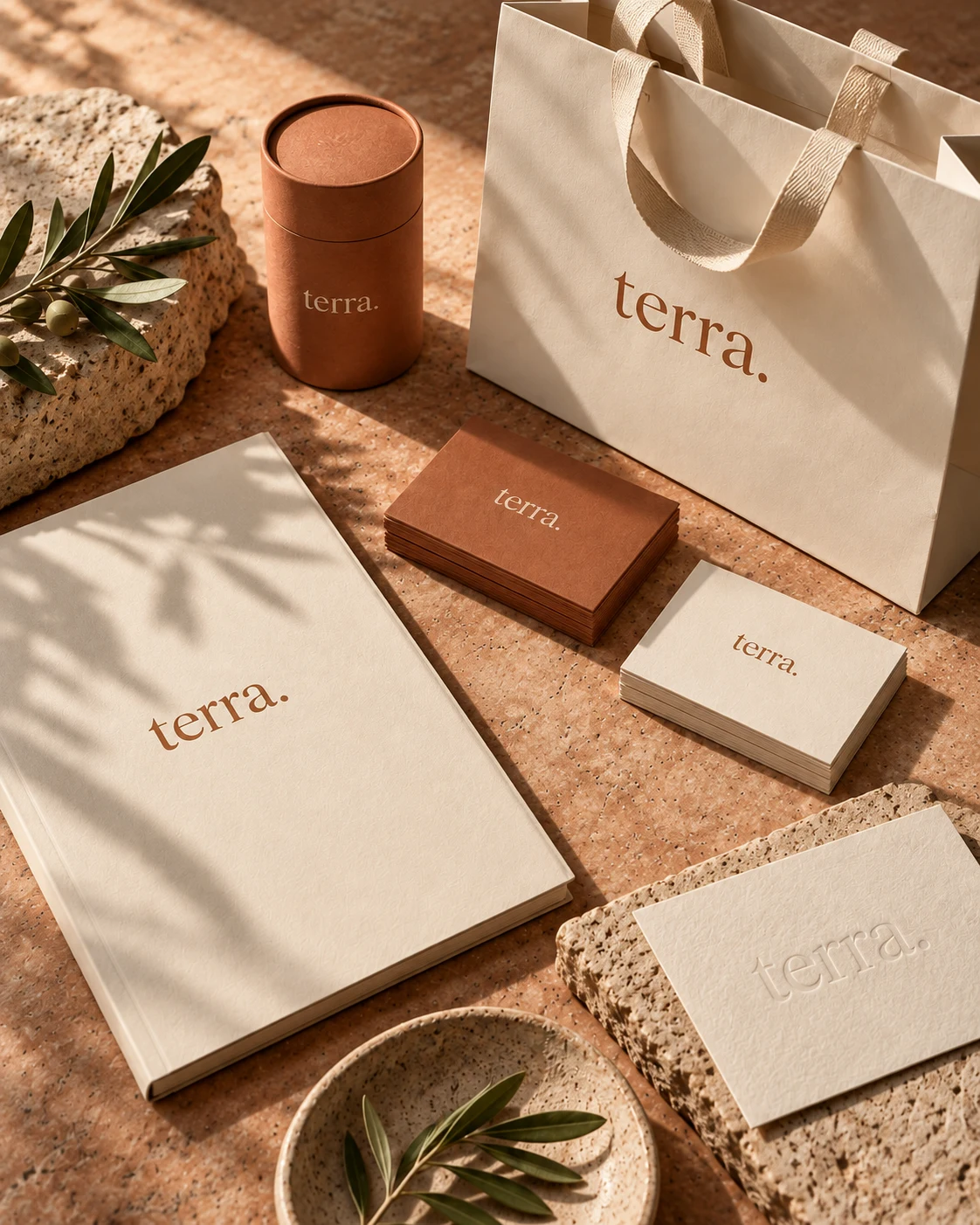Terra branding concept: coordinated logo stationery, business cards, shopping bag and terracotta packaging in a portrait composition.
