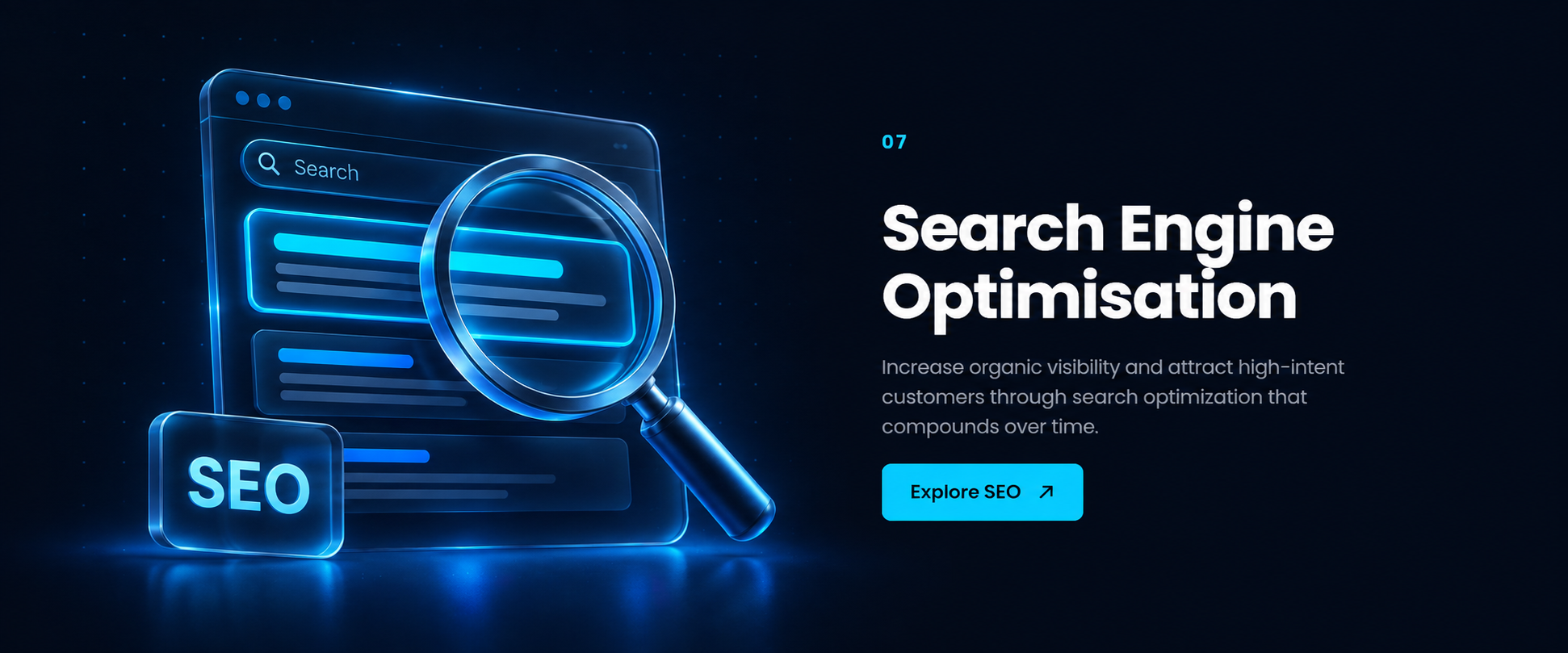 Glass search results panel with a magnifying glass and small SEO tile.