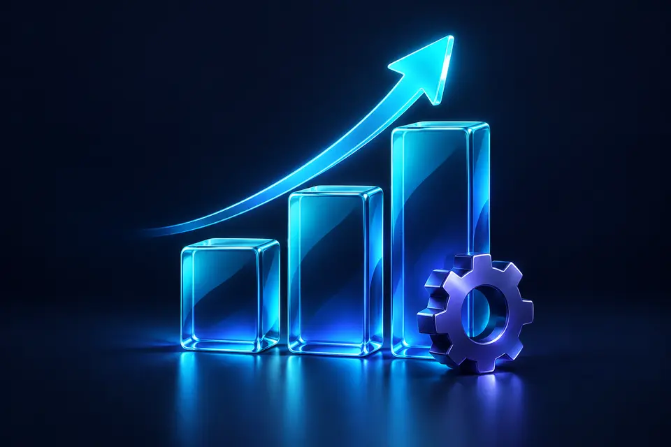 Ascending growth bars, an upward arrow and a gear for ongoing optimization.