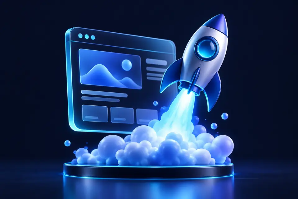 Rocket lifting off beside a website to represent a digital launch.